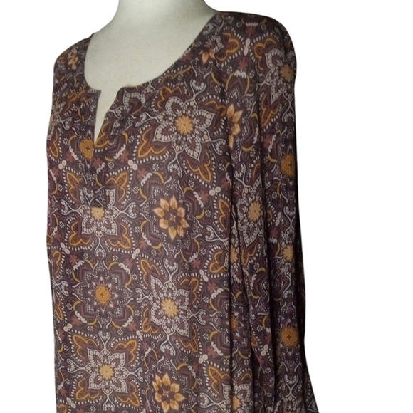 Ryllace Floral Silk Tunic Dress Split V Neck 3/4 Sleeve Red Tan Size 16 - Picture 5 of 9